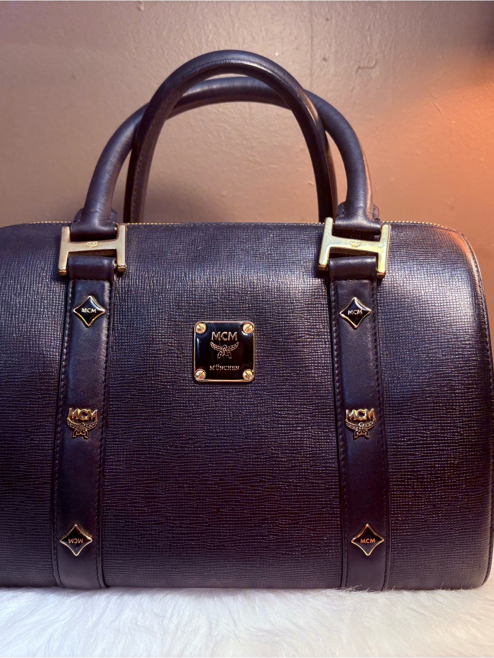 MCM Black Leather Satchel with Gold-Tone Hardware